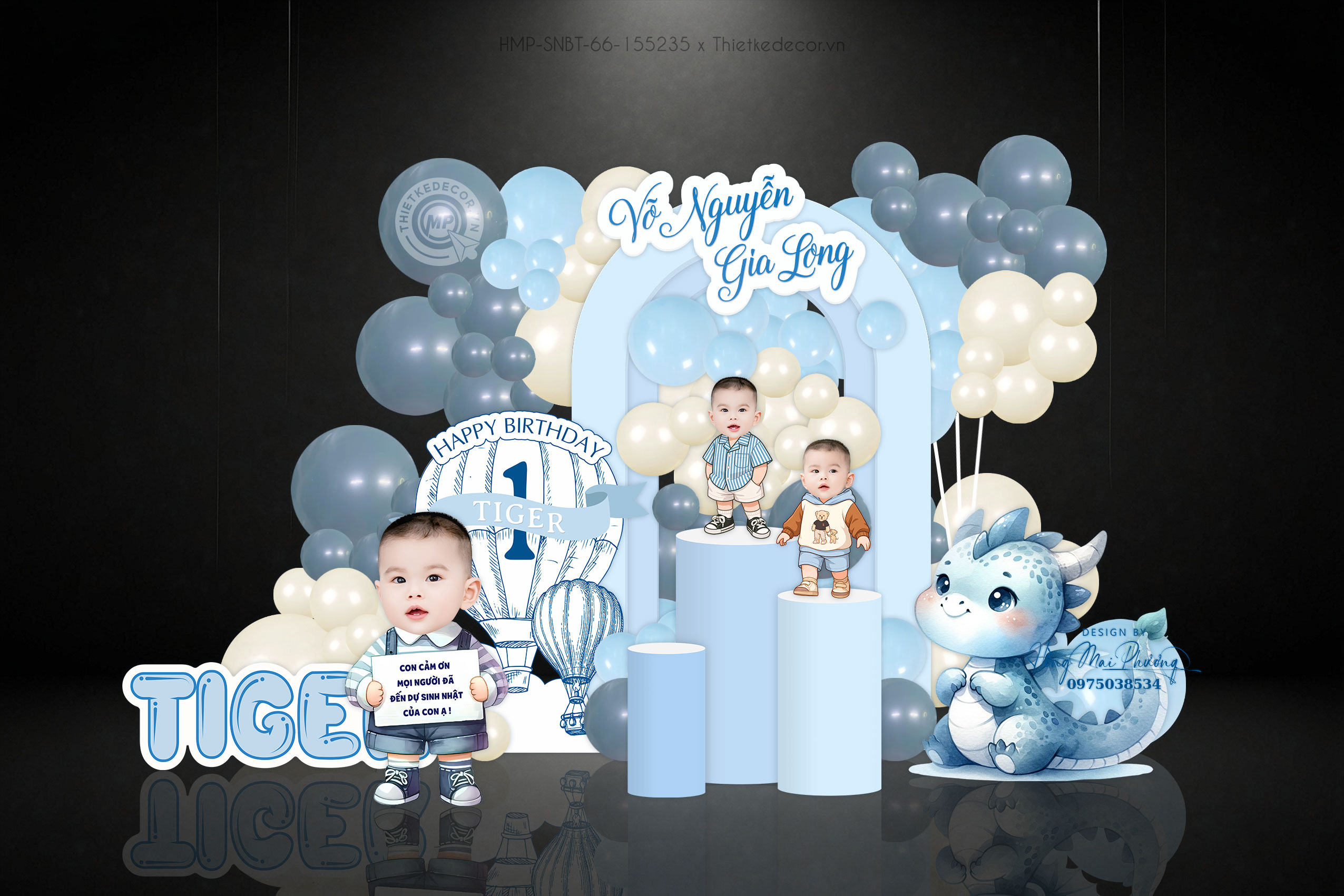 Sinh nhật bé trai tuổi rồng tone xanh- khinh khí cầu